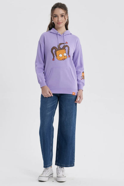 Polerón morado con ilustración de Susie Carmichael de Rugrats en el centro y un diseño pequeño en la manga, perfecto para fans de Nickelodeon.