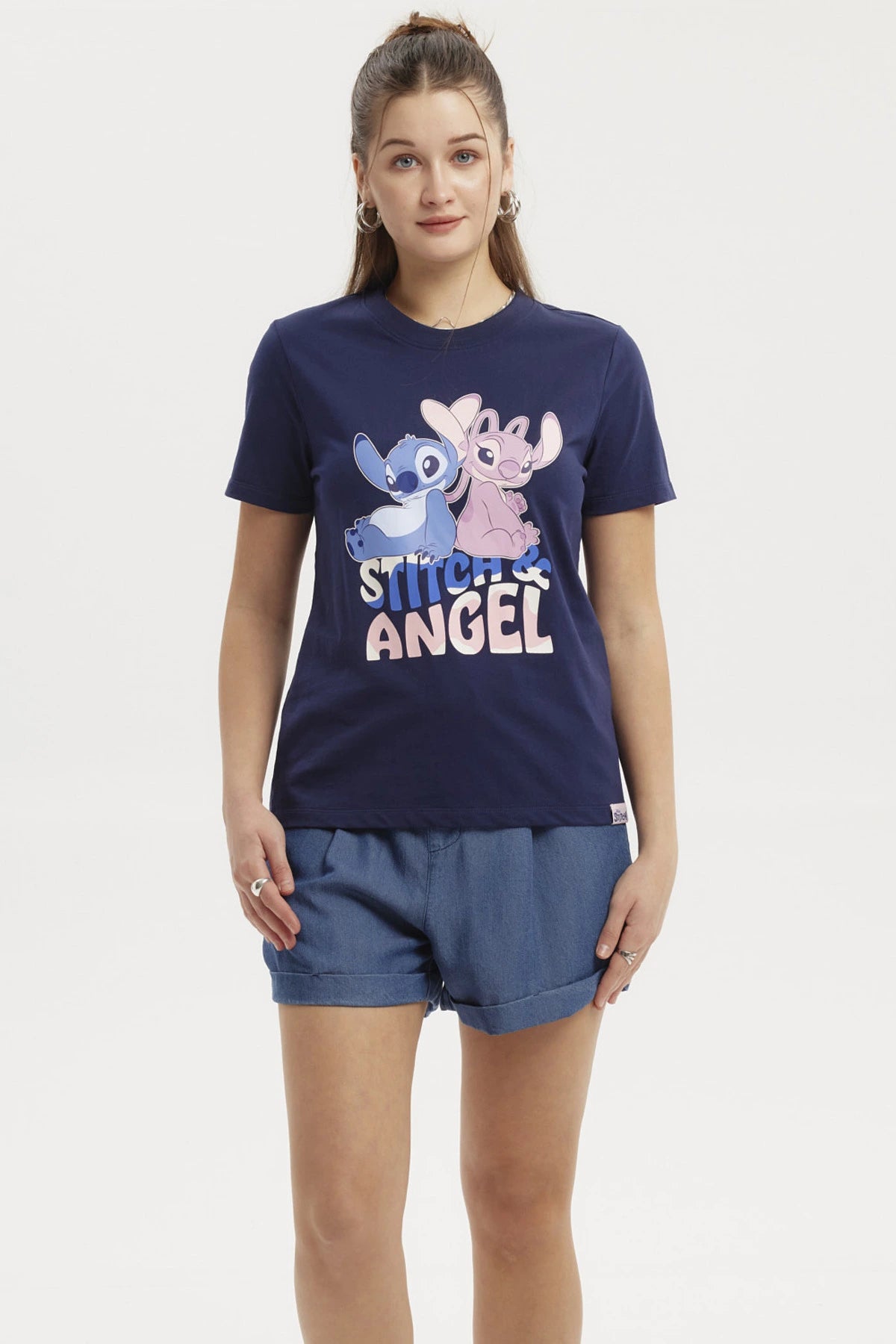 Polera Mujer Stitch & Angel Azul