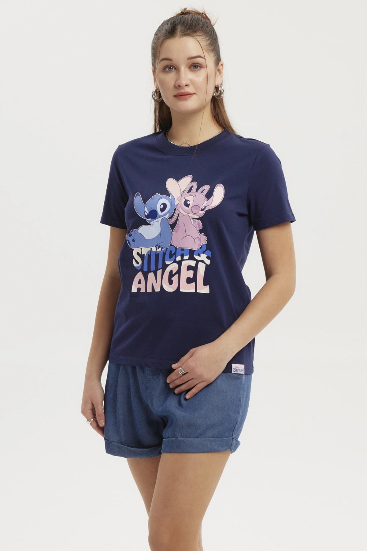 Polera Mujer Stitch & Angel Azul