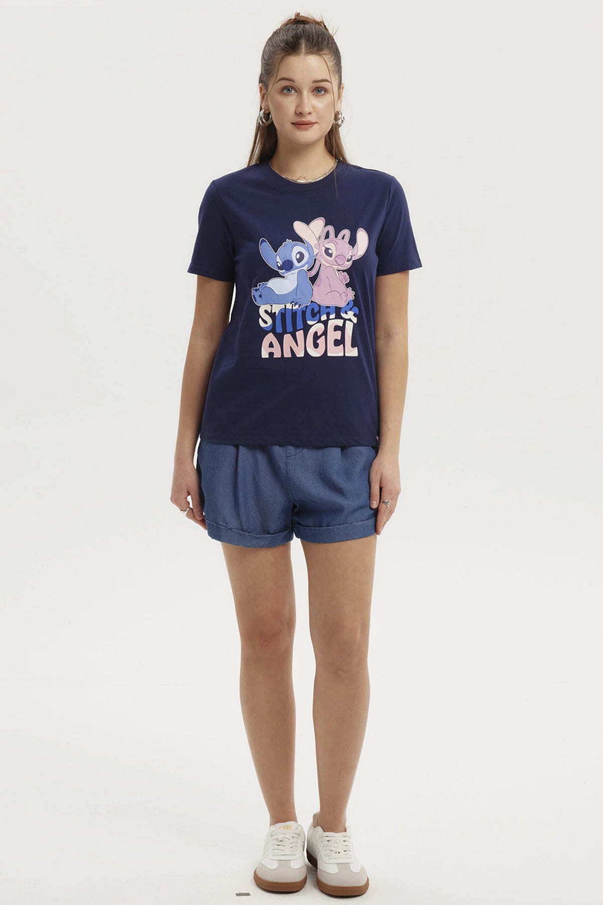 Polera Mujer Stitch & Angel Azul