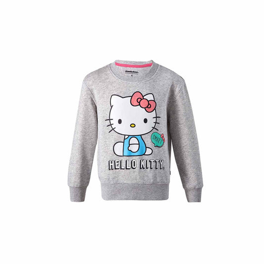 Polerón gris melange de Hello Kitty con ilustración en colores vibrantes de la icónica gatita, destacando su lazo rosa y un mensaje "SMART" en un fondo divertido.