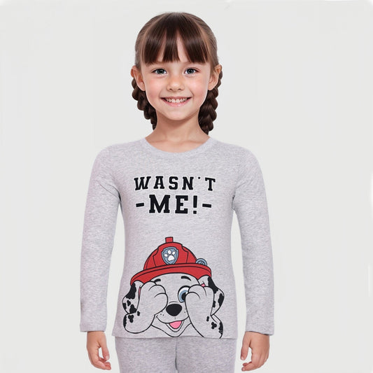 Polera gris de Paw Patrol con diseño de Marshall, el perro bombero, cubriéndose los ojos y la frase 'WASN'T ME!' en letras negras, ideal para pequeños fans.