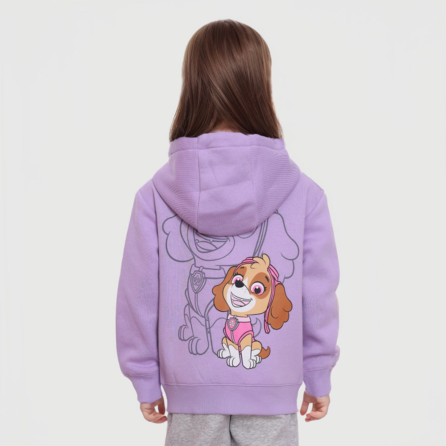 Polerón lila de Paw Patrol con capucha, presenta un diseño de Skye en el lado izquierdo y la frase "BE HAPPY" en letras brillantes, ideal para fans.