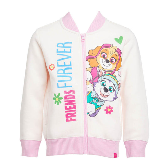 Polerón rosado claro con cierre, presenta ilustraciones de Skye y Everest de Paw Patrol, con el texto 'FRIENDS FUREVER' en colores vibrantes y flores.