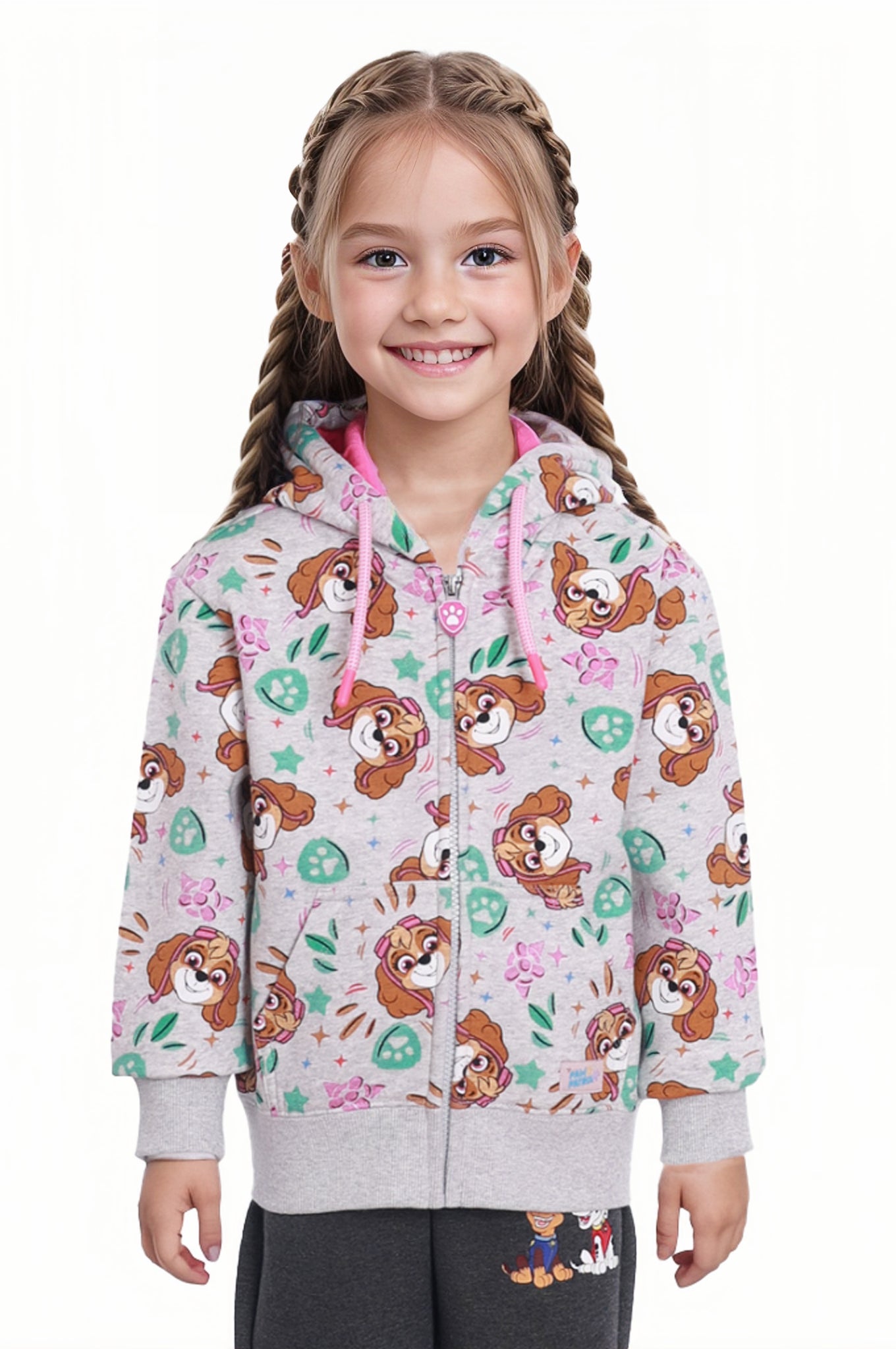 Polerón gris de Paw Patrol con estampado colorido de Skye, flores y estrellas, ideal para aventuras en Adventure Bay.