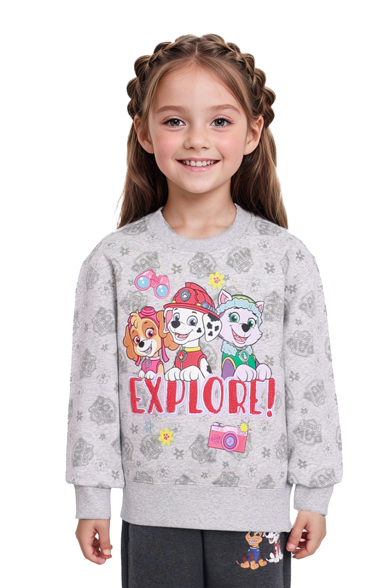 Polerón gris melange de Paw Patrol con estampado colorido de los personajes principales y la palabra 'EXPLORE!' en el centro, ideal para pequeños aventureros.