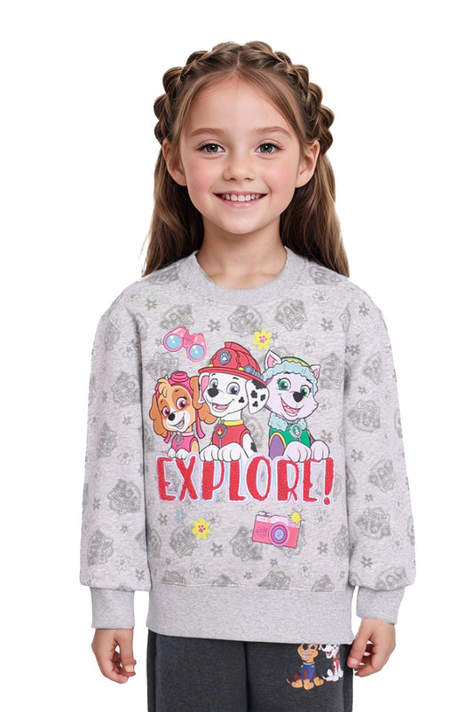 Polerón gris melange de Paw Patrol con estampado colorido de los personajes principales y la palabra 'EXPLORE!' en el centro, ideal para pequeños aventureros.