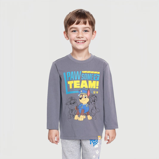 Polera de manga larga gris con el texto 'PAW Some TEAM!' y gráficos de Chase y otros personajes de Paw Patrol, ideal para pequeños aventureros.