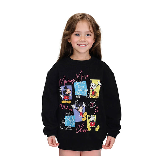 Polerón negro con estampado colorido de Mickey Mouse en estilo pop art, mostrando al icónico personaje en varias poses, ideal para fans de Disney.