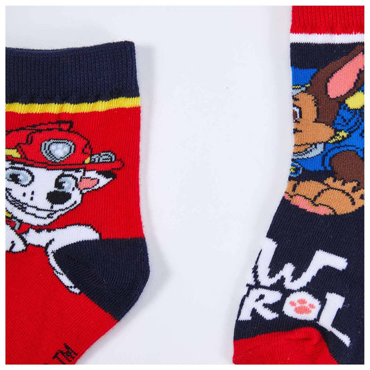 Calcetín bipack de Paw Patrol con diseño en rojo y azul marino, presenta a Marshall y Chase en estilo cartoon, ideal para los fans de la serie.