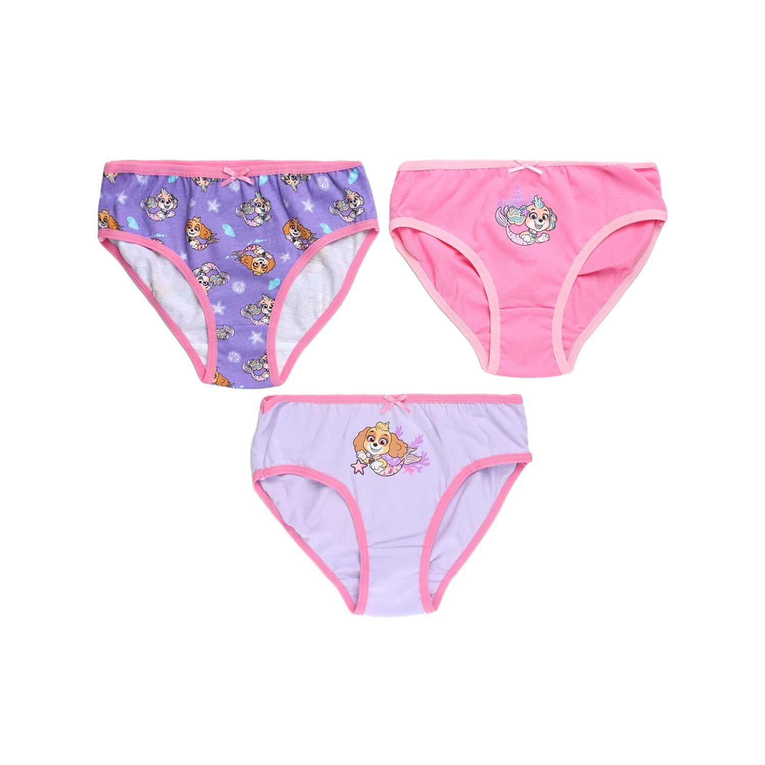 Calzón tripack de Paw Patrol en tonos rosa y morado con estampados de Skye, la perrita voladora, ideal para pequeñas aventureras.