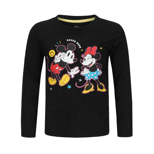 Polera negra de algodón con estampado de Mickey y Minnie, estilo colorido y retro, mostrando a la pareja en una pose divertida, ideal para fans de Disney.