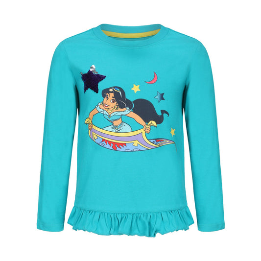 Polera verde vibrante con estampado de Jasmine volando en su alfombra mágica, adornada con estrellas y un toque de brillo, ideal para fans de Aladino.