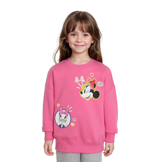 Polerón rosado con estampado de Minnie y Daisy en ilustración colorida, mostrando a Minnie sonriendo y a Daisy en un círculo, perfecto para fans de Disney.