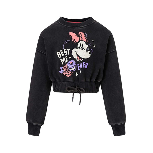 Polerón negro acid wash con diseño de Minnie Mouse sonriendo, texto 'BEST ME EVER' en colores pastel, con un toque vintage y estilo urbano.
