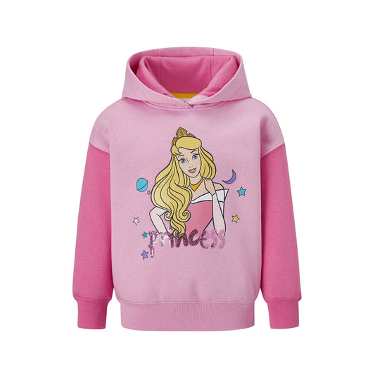 Polerón rosa con capucha que presenta una ilustración de Aurora de Disney, rodeada de estrellas y un diseño brillante que resalta su título de princesa.