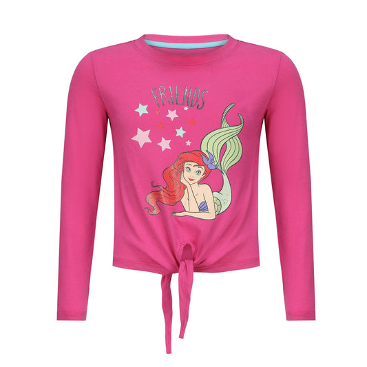 Polera rosada de algodón con un diseño de Ariel, la sirenita, rodeada de estrellas y la palabra 'FRIENDS', perfecta para los fans de Disney.