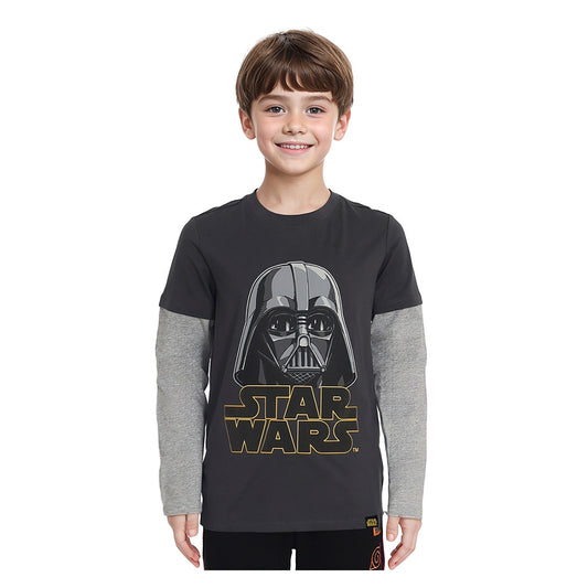 Polera gris de Star Wars con ilustración de Darth Vader en el centro y el logo dorado, perfecta para fans de la saga.