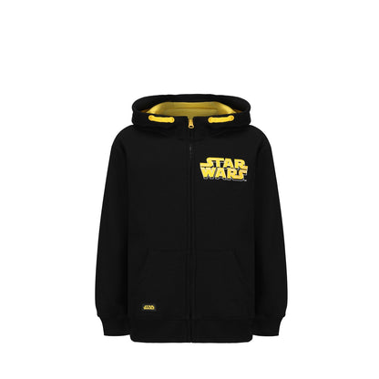 Polerón negro con cierre y capucha, presenta el logo amarillo de Star Wars en el pecho, ideal para fans de la saga galáctica.