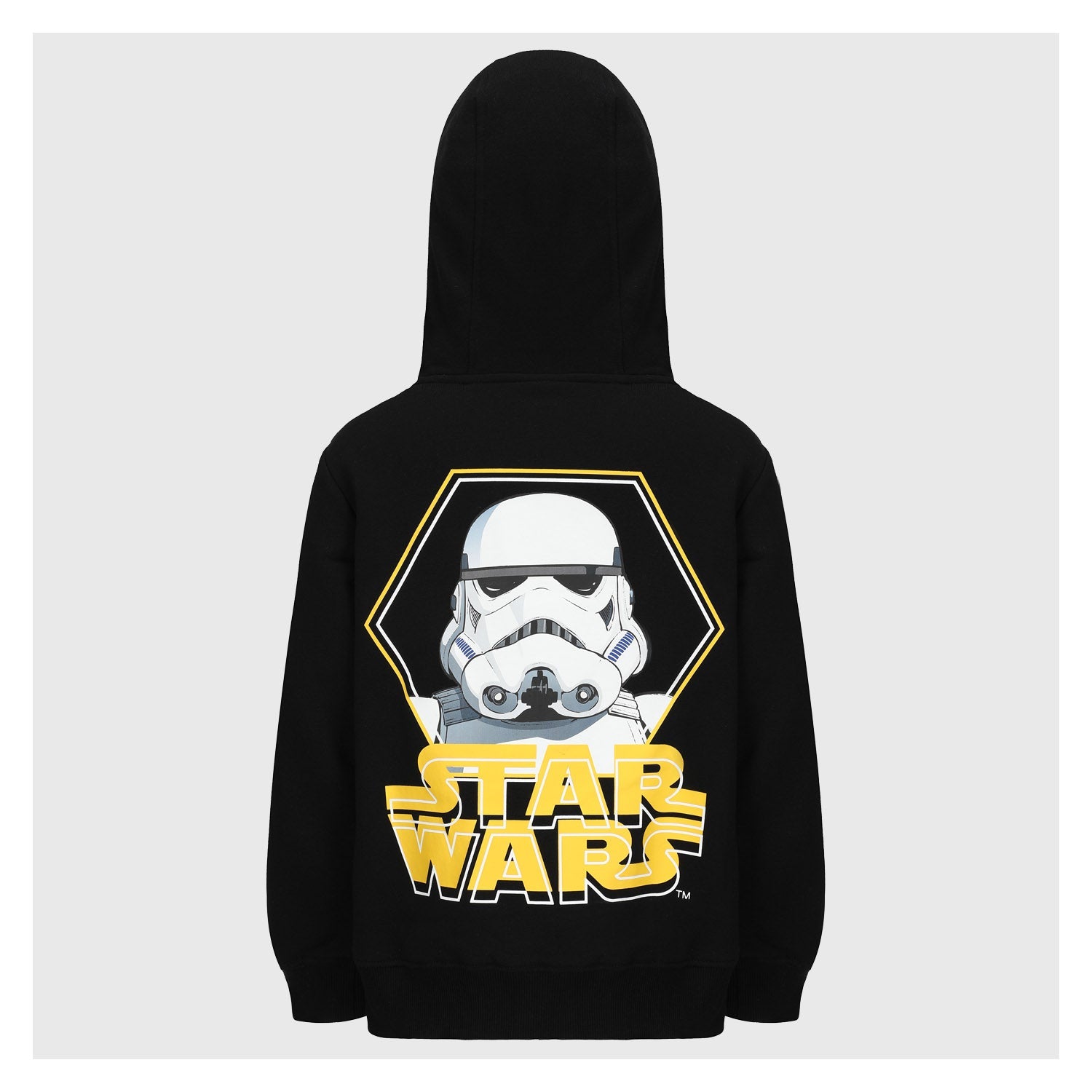 Polerón negro con cierre y capucha, presenta el logo amarillo de Star Wars en el pecho, ideal para fans de la saga galáctica.