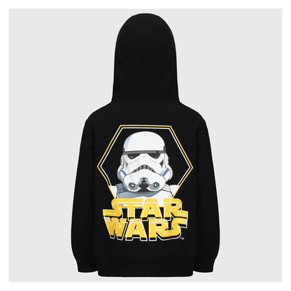 Polerón negro con cierre y capucha, presenta el logo amarillo de Star Wars en el pecho, ideal para fans de la saga galáctica.