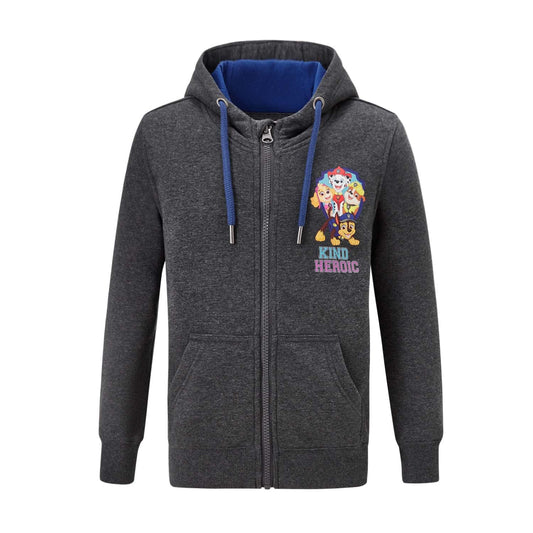 Polerón gris oscuro con capucha y cierre, presenta un estampado colorido de personajes de Paw Patrol, destacando la frase 'Kind Heroic' en el lado izquierdo.