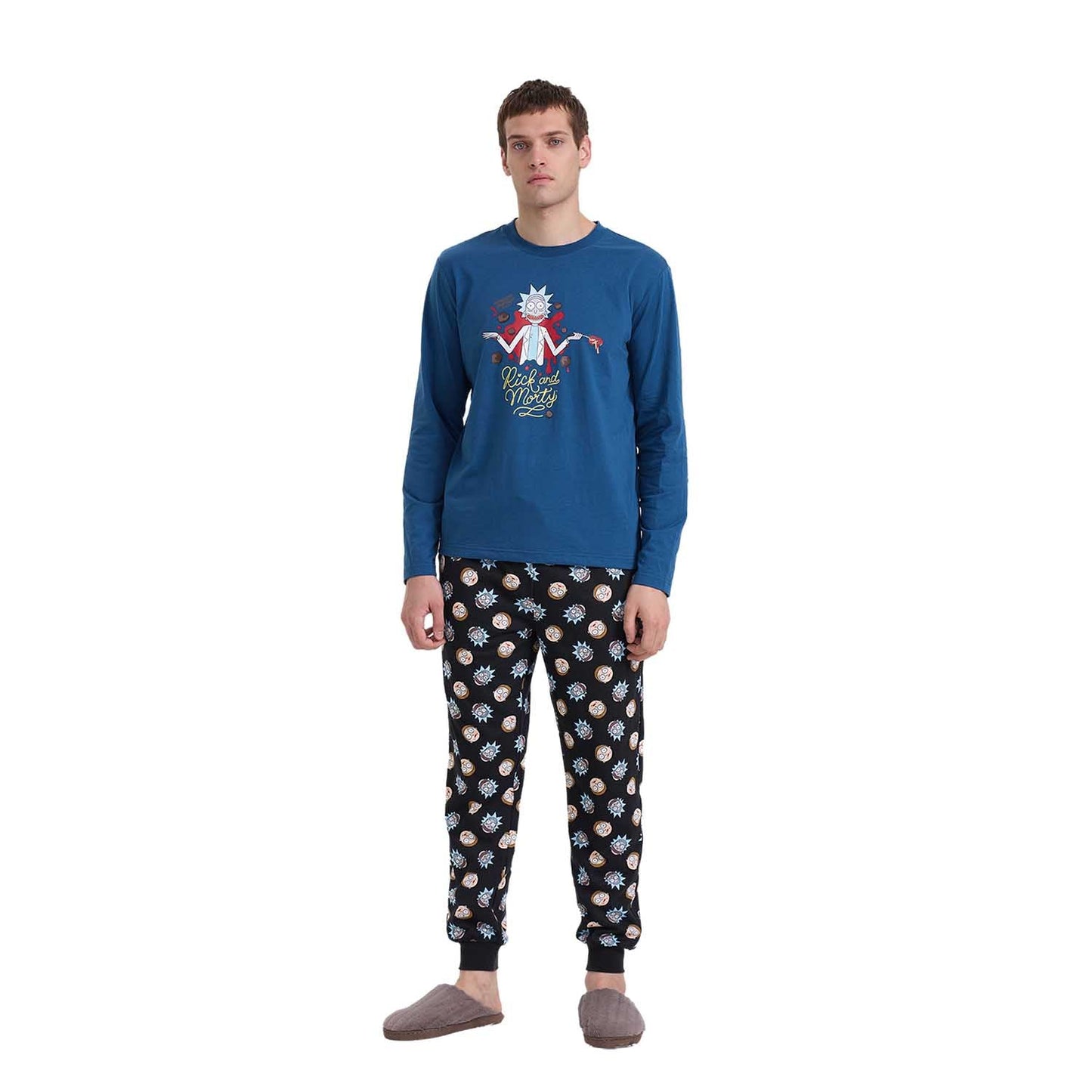 Pijama azul de Rick & Morty con camiseta de manga larga que presenta a Rick en acción y pantalones negros con estampado de portales interdimensionales.