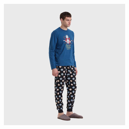 Pijama azul de Rick & Morty con camiseta de manga larga que presenta a Rick en acción y pantalones negros con estampado de portales interdimensionales.
