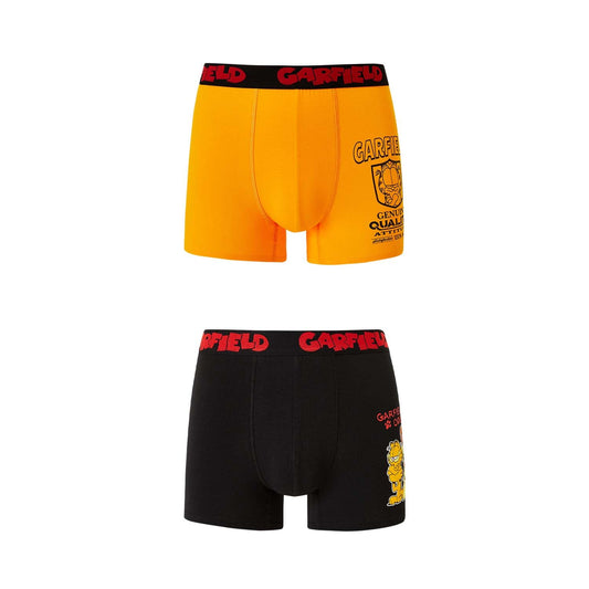 Bóxer naranjo de Garfield con estampado frontal del icónico gato y detalles en negro, ideal para fanáticos de la tira cómica.