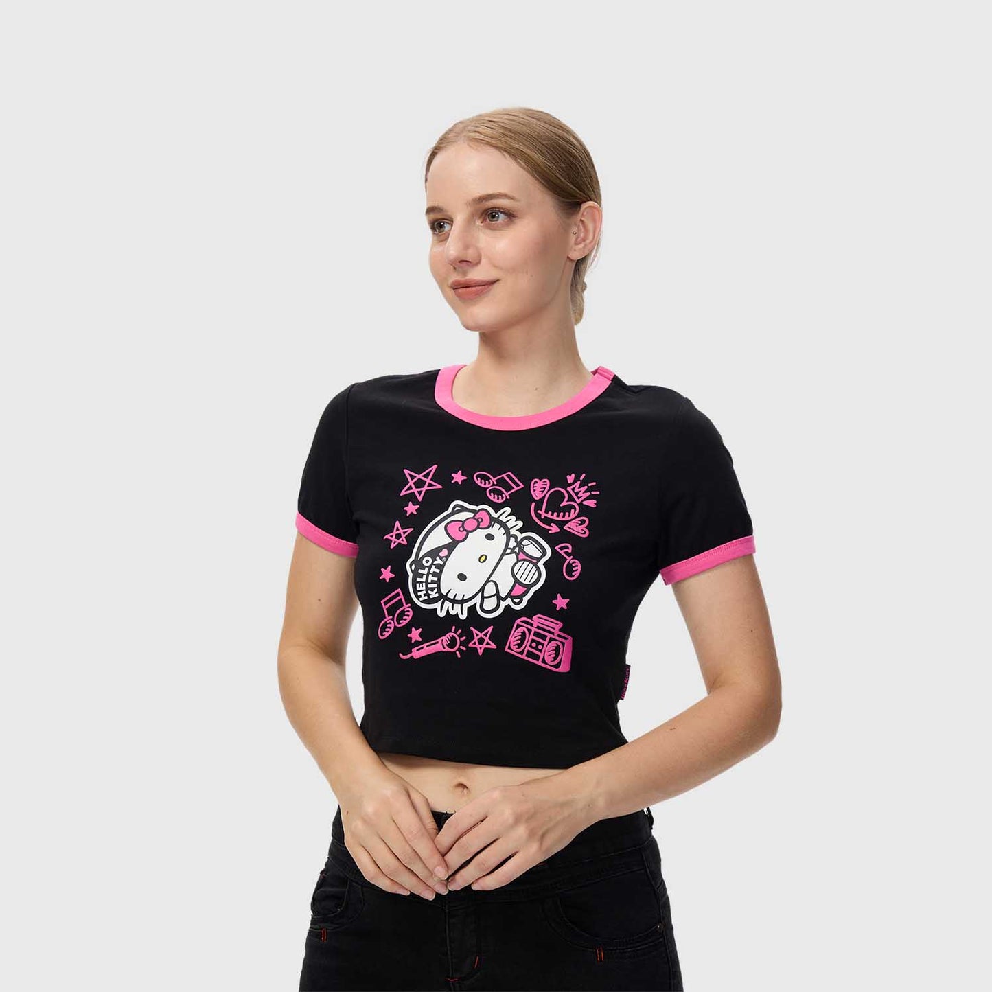 Polera Mujer Hello Kitty Negra y Rosa I