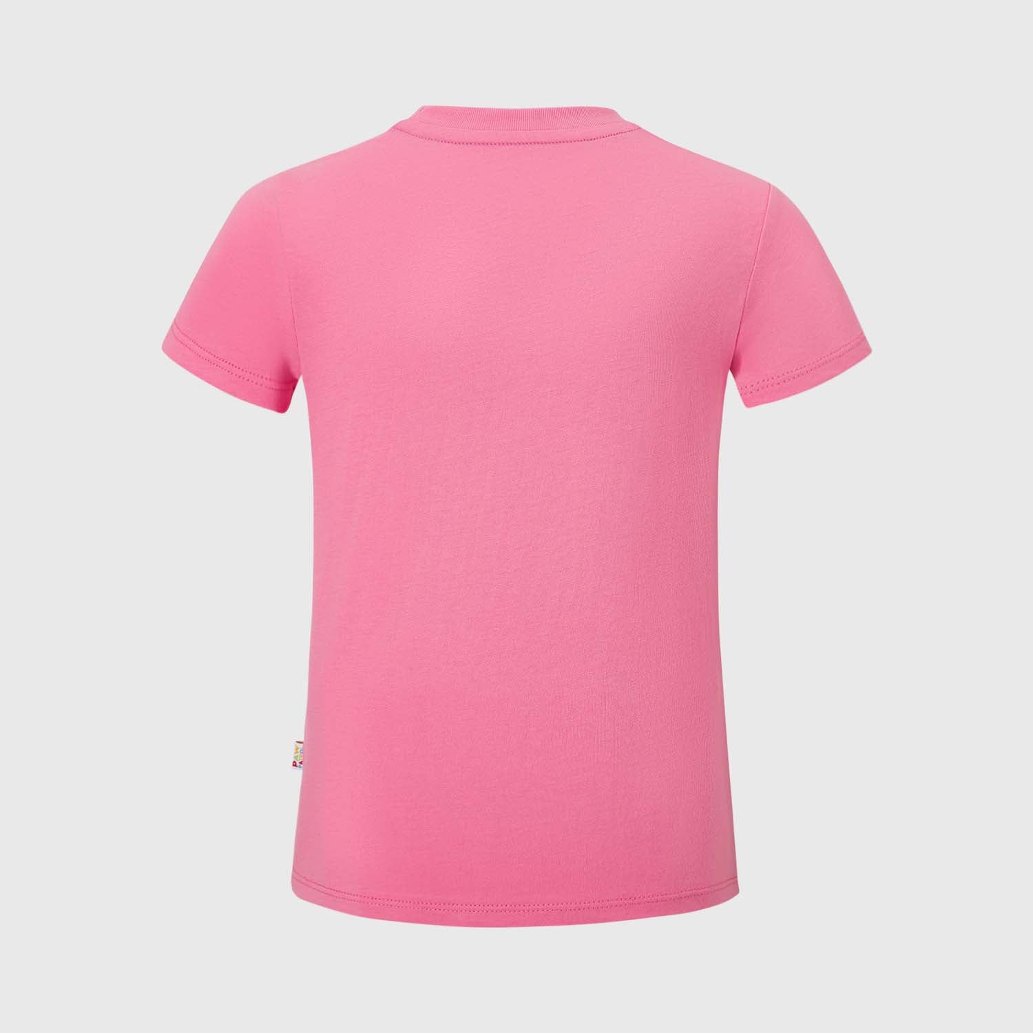 Polera rosada de Paw Patrol con la adorable Skye, mostrando su energía y alegría mientras sostiene un batido y rodeada de dulces, perfecta para fans.