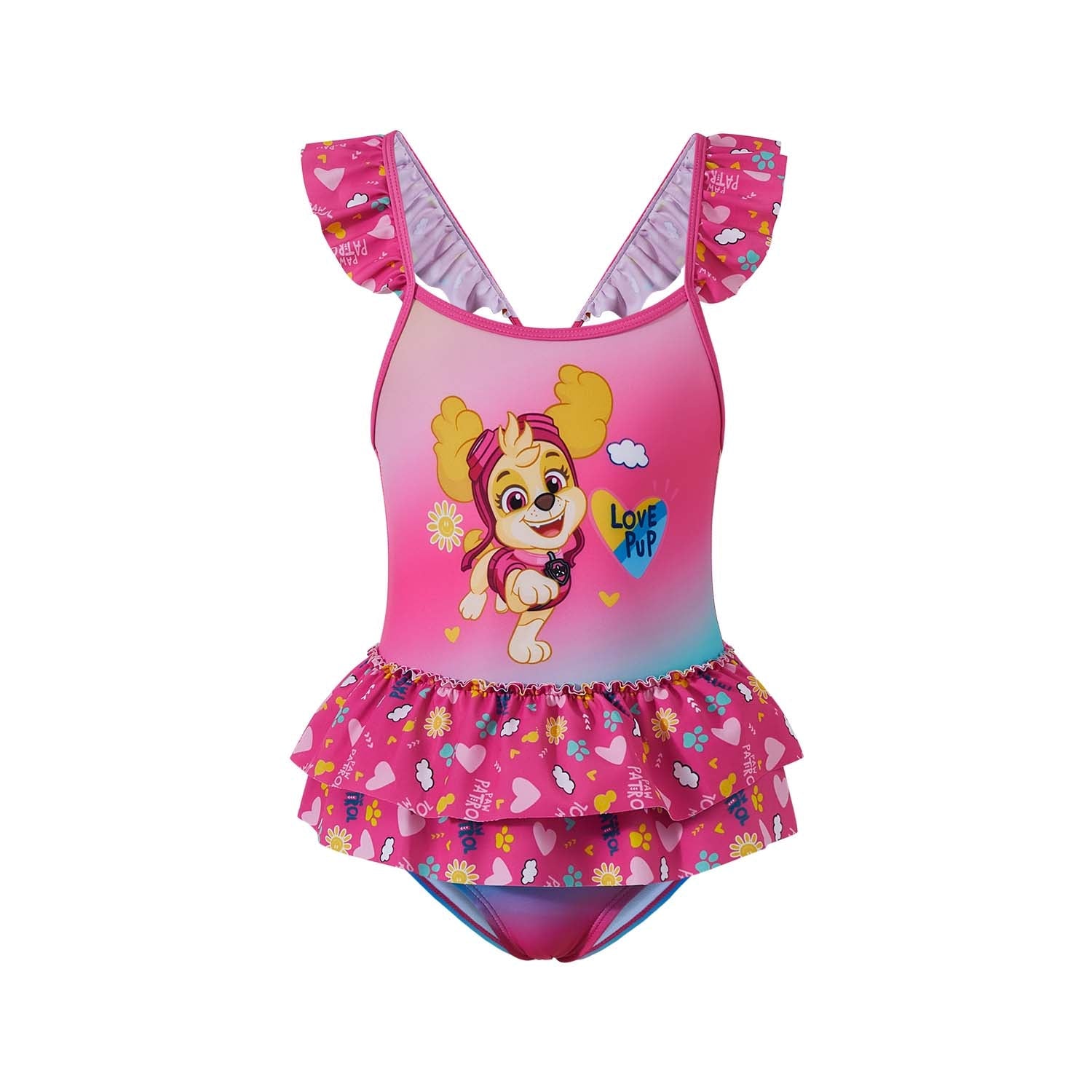 Traje de baño fucsia con volantes, presenta a Skye de Paw Patrol sonriendo y jugando, decorado con corazones y flores en un estilo vibrante.
