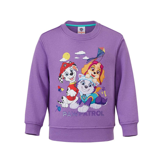 Polerón lila de Paw Patrol con ilustración vibrante de Marshall, Skye y Rubble jugando bajo el sol, ideal para fans de la serie infantil.