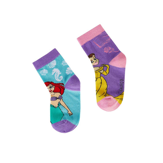 Calcetín bipack en tonos aqua y rosa con ilustraciones de Ariel y Bella de Disney, ideales para fans de las princesas y su magia.