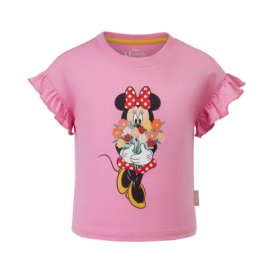 Polera rosada de Minnie Mouse con volantes en las mangas, presenta a Minnie sosteniendo un ramo de flores en un diseño vibrante y alegre.
