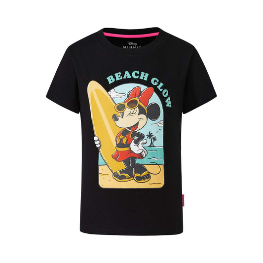 Polera negra de algodón con ilustración de Minnie Mouse en la playa sosteniendo una tabla de surf, con texto 'BEACH GLOW' en colores vibrantes.