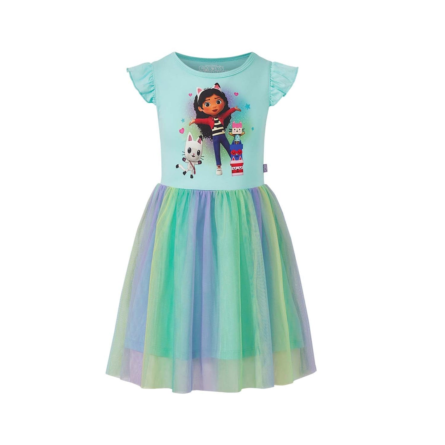 Vestido Gabby´s Dollhouse en color menta con un diseño vibrante que muestra a Gabby y sus amigos felinos en un fondo de tul degradado verde y azul.