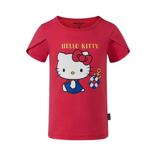 Polera fucsia de algodón con estampado de Hello Kitty en estilo ilustración, mostrando a Kitty con un vestido azul y un salvavidas, perfecta para fans.