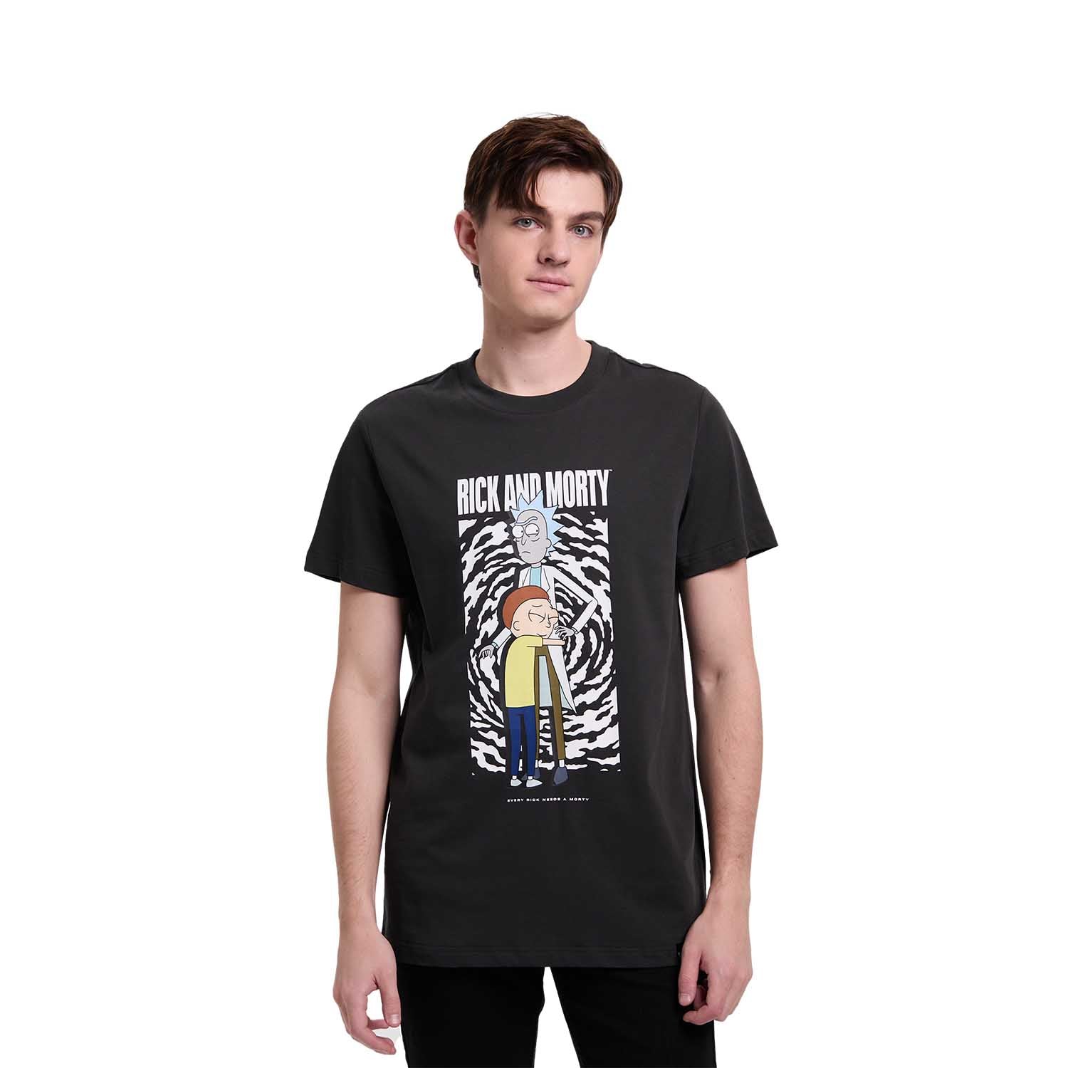 Polera marengo de Rick & Morty con ilustración de Rick y Morty en espiral, detalles en blanco y negro, perfecta para los fanáticos de la serie.