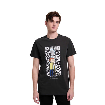 Polera marengo de Rick & Morty con ilustración de Rick y Morty en espiral, detalles en blanco y negro, perfecta para los fanáticos de la serie.
