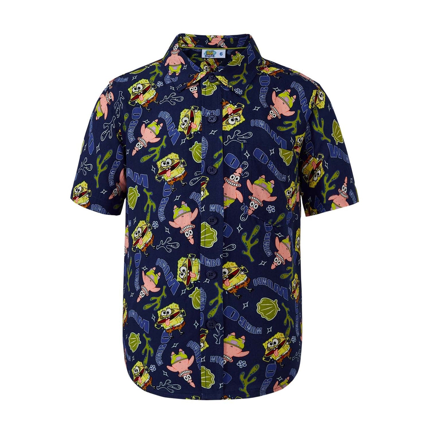 Camisa de manga corta azul con estampado de Bob Esponja y Patricio en diversas poses, con un diseño vibrante y divertido, ideal para fans de Nickelodeon.