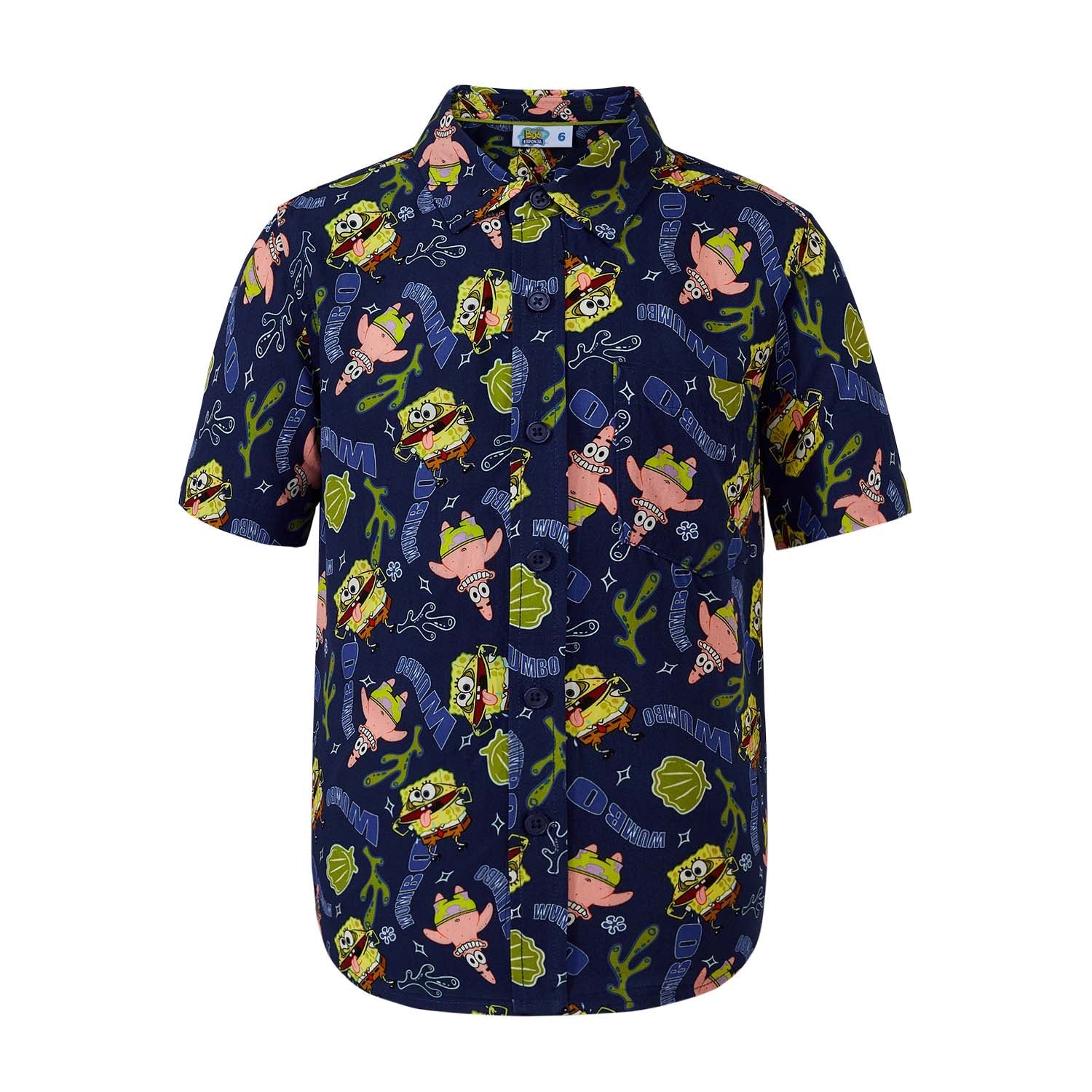 Camisa de manga corta azul con estampado de Bob Esponja y Patricio en diversas poses, con un diseño vibrante y divertido, ideal para fans de Nickelodeon.