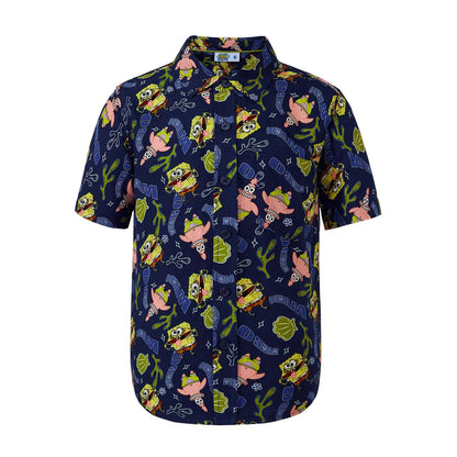 Camisa de manga corta azul con estampado de Bob Esponja y Patricio en diversas poses, con un diseño vibrante y divertido, ideal para fans de Nickelodeon.