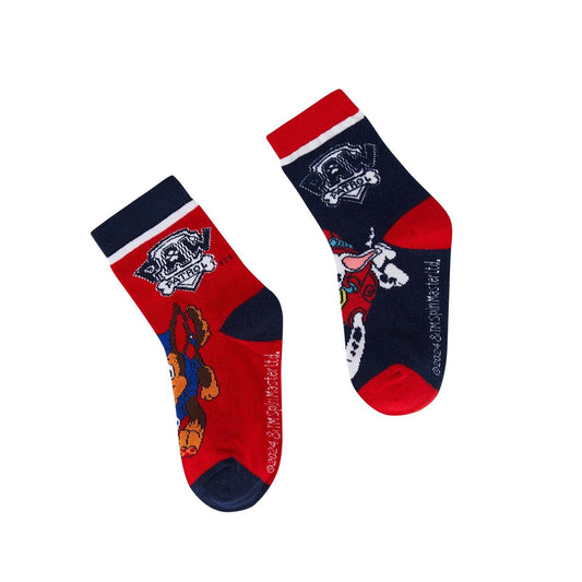 Calcetín bipack de Paw Patrol en rojo y azul marino con estampados de personajes icónicos como Chase y Marshall, ideal para los pequeños héroes en acción.