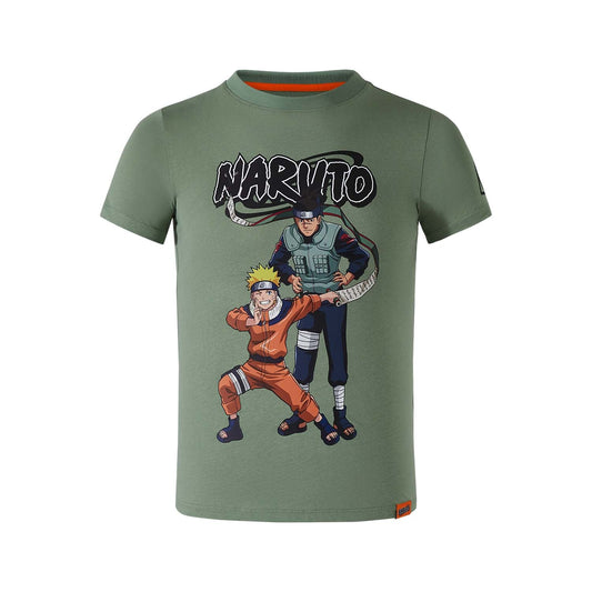 Polera verde con estampado de Naruto y Kakashi en estilo ilustración manga, Naruto en pose dinámica y Kakashi con actitud seria, ideal para fans del universo ninja.
