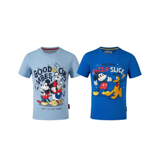 Polera azul con estampado vibrante de Mickey Mouse y sus amigos, ilustración divertida en estilo cartoon que captura la esencia alegre de Disney.