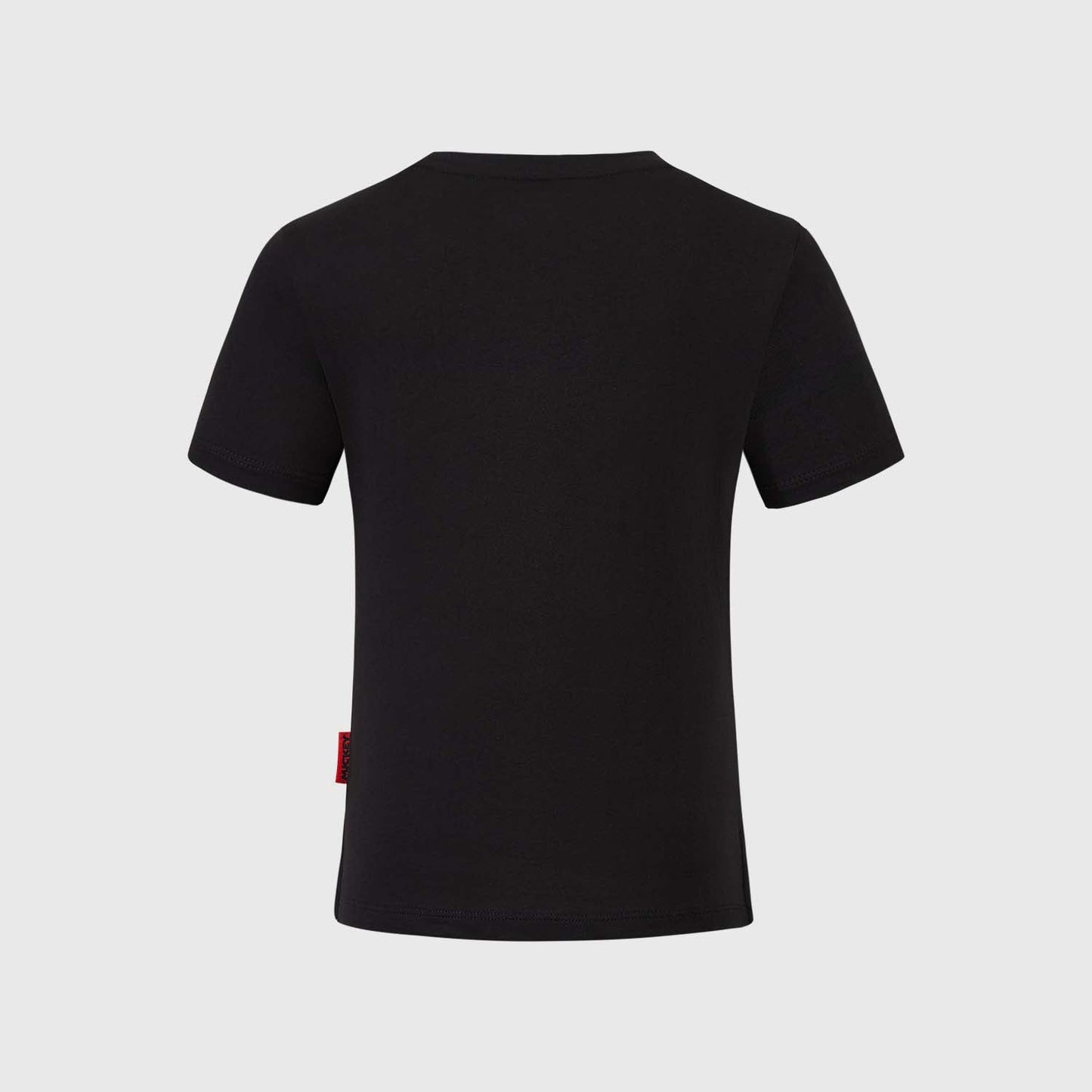 Polera negra de algodón con estampado colorido de Mickey Mouse y sus amigos, con diseño divertido que incluye elementos icónicos como estrellas y balones.