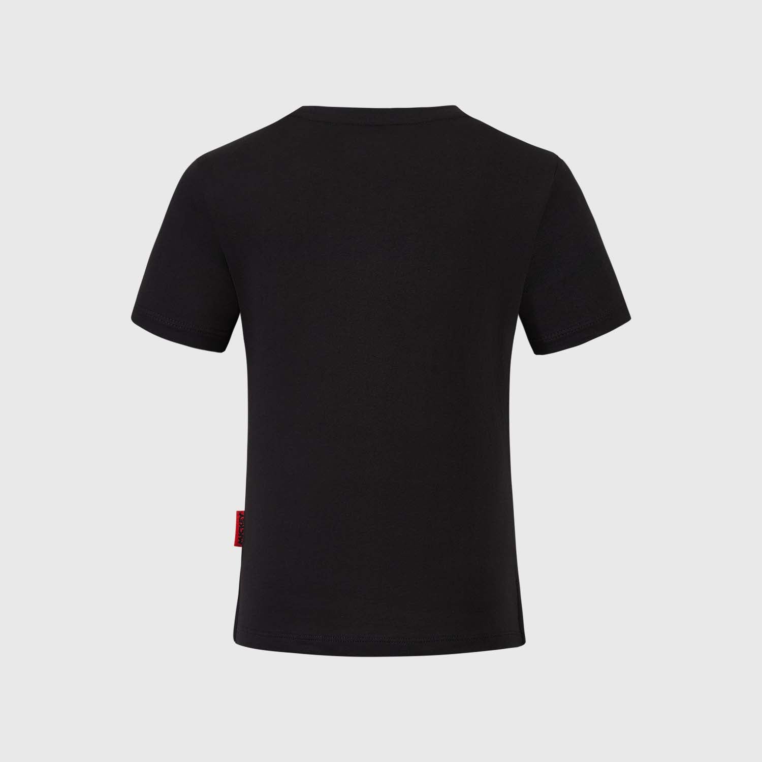 Polera negra de algodón con estampado colorido de Mickey Mouse y sus amigos, con diseño divertido que incluye elementos icónicos como estrellas y balones.