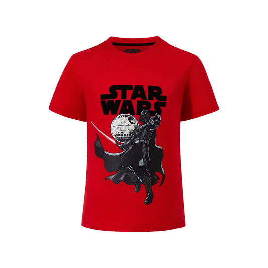 Polera roja de Star Wars con ilustración de Darth Vader empuñando su sable de luz frente a la Estrella de la Muerte, diseño impactante que resalta la esencia del lado oscuro.