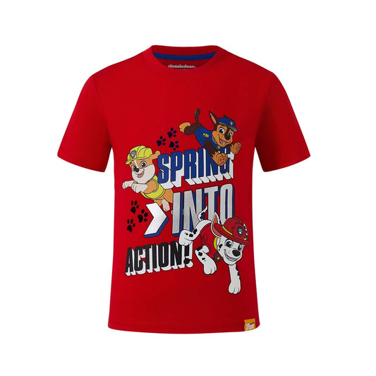 Polera roja de Paw Patrol con estampado vibrante que presenta a Chase, Marshall y Rubble en acción, ideal para los pequeños héroes de Adventure Bay.